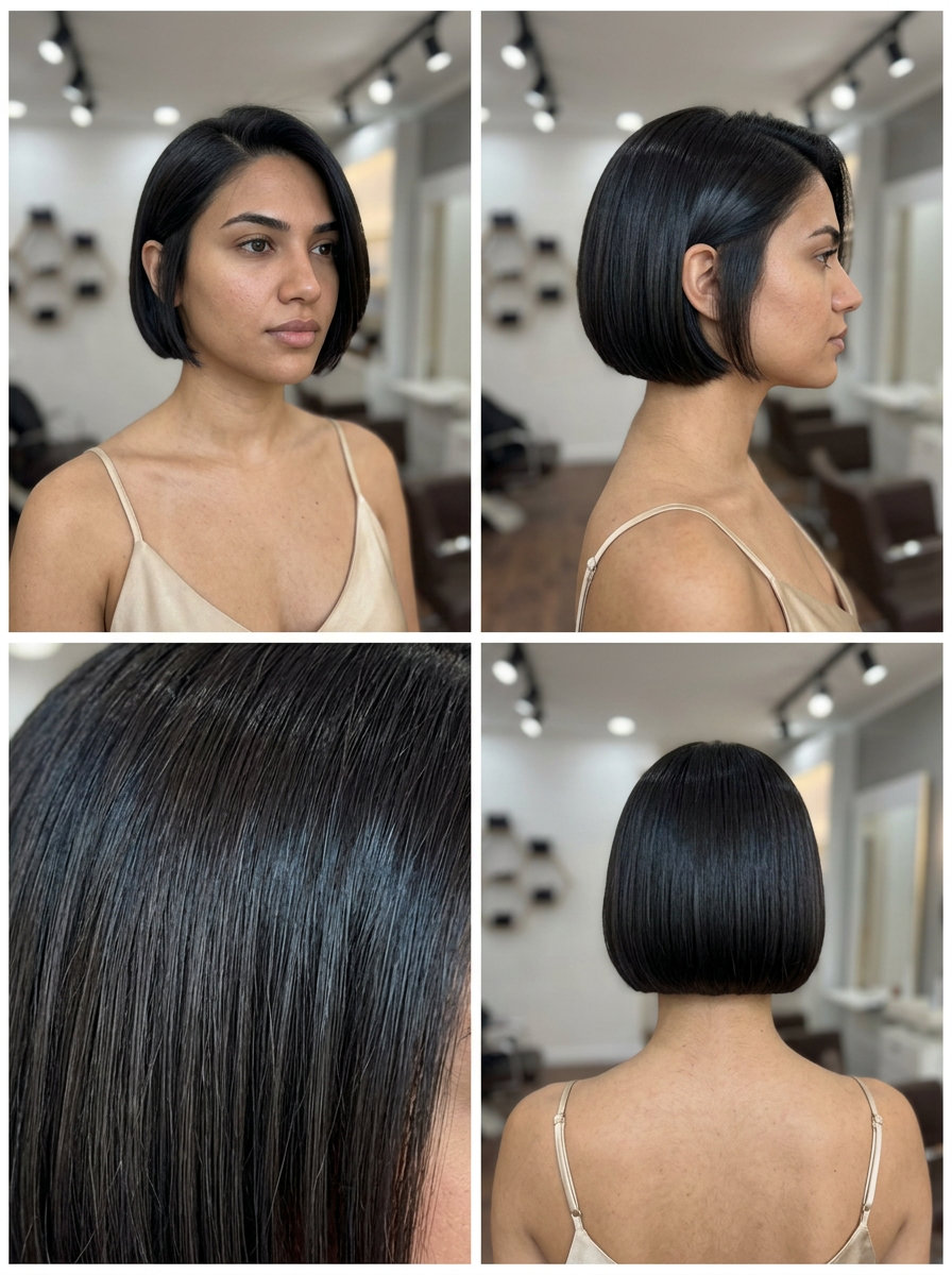 short micro bob haircut in Midnight Espresso with blue-black lowlights, blunt cut and deep side part for summer