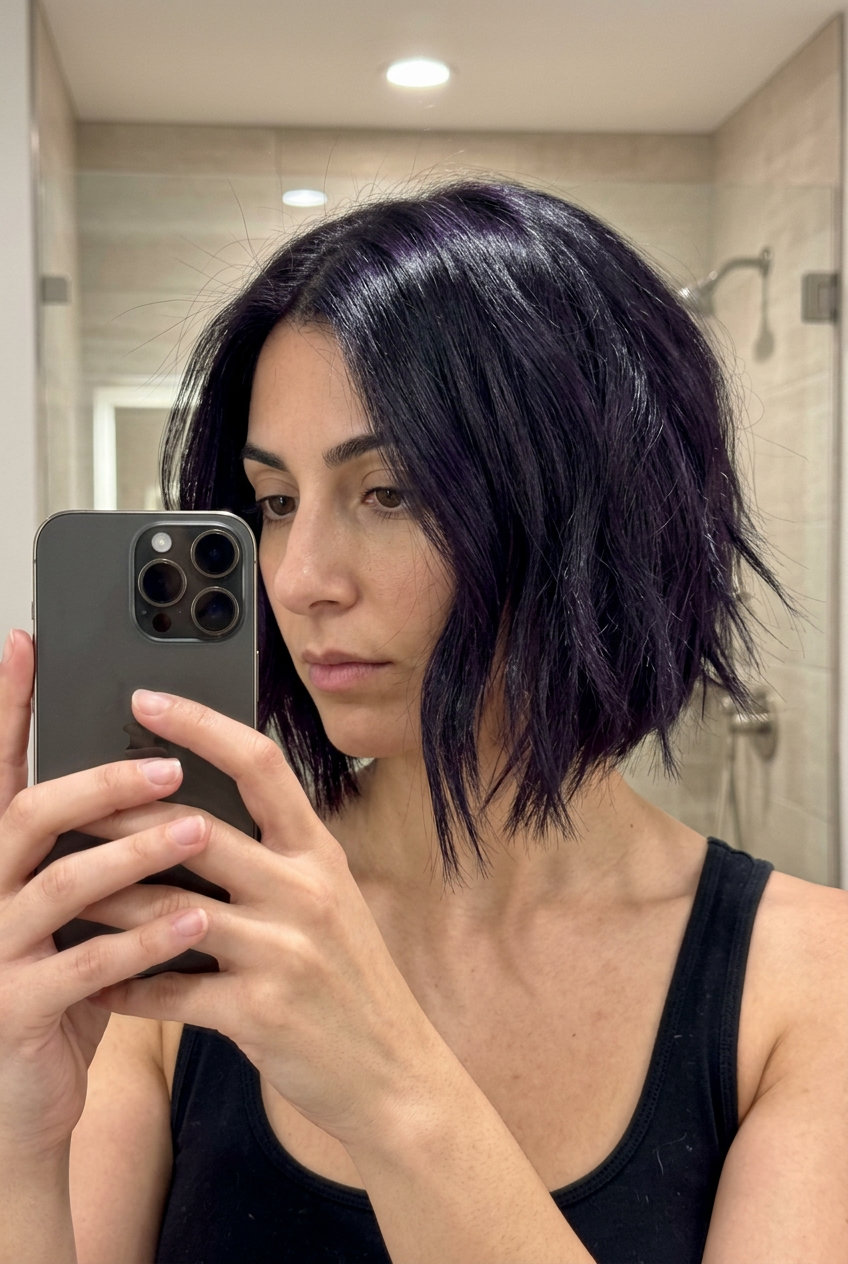 chin-length razor bob haircut with midnight violet color, choppy ends, asymmetrical perimeter — bold edgy mysterious summer