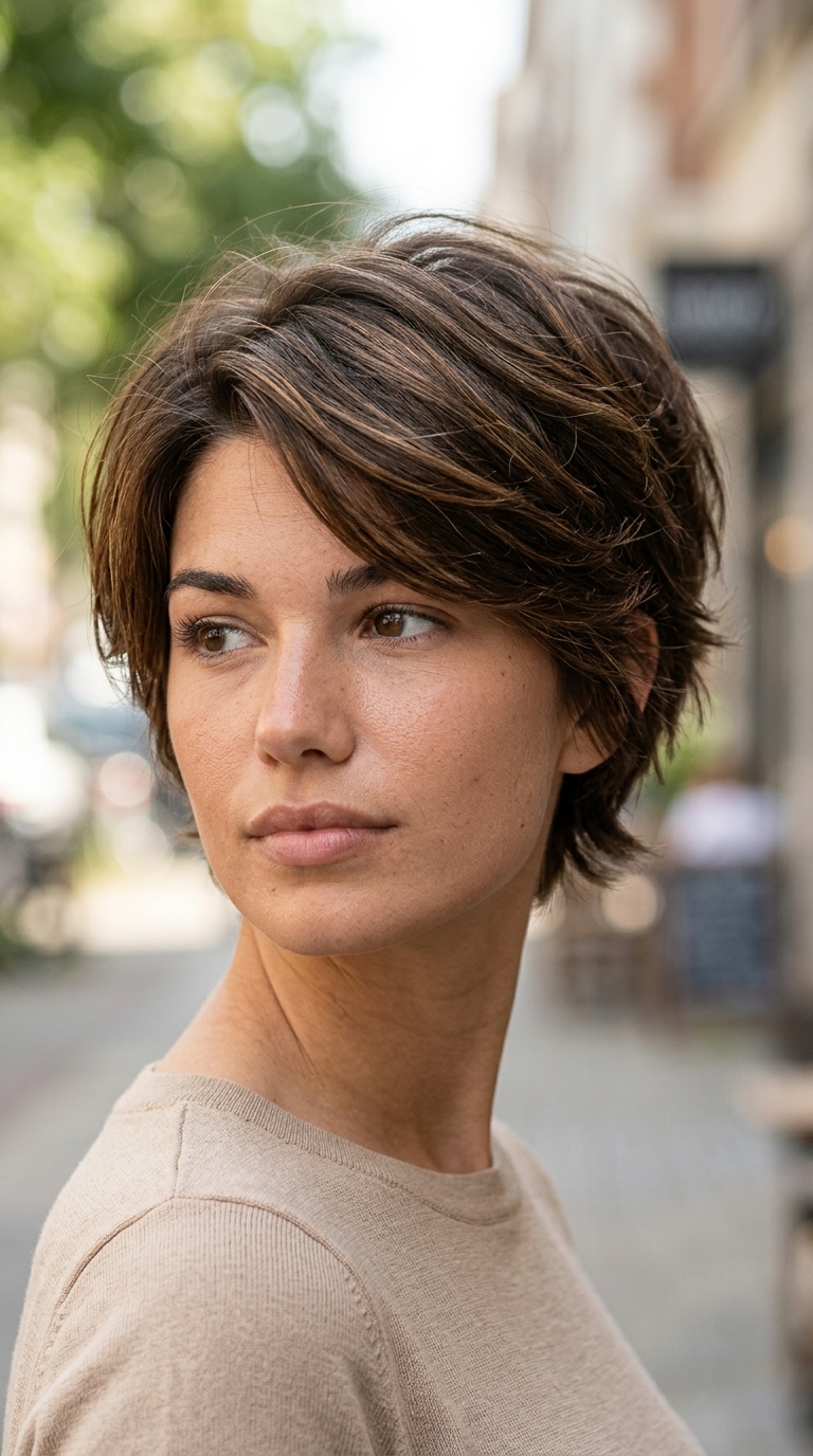Effortless Warm Mocha Pixie Crop 2026 very short pixie haircut in warm mocha brown with auburn undertones for effortless style