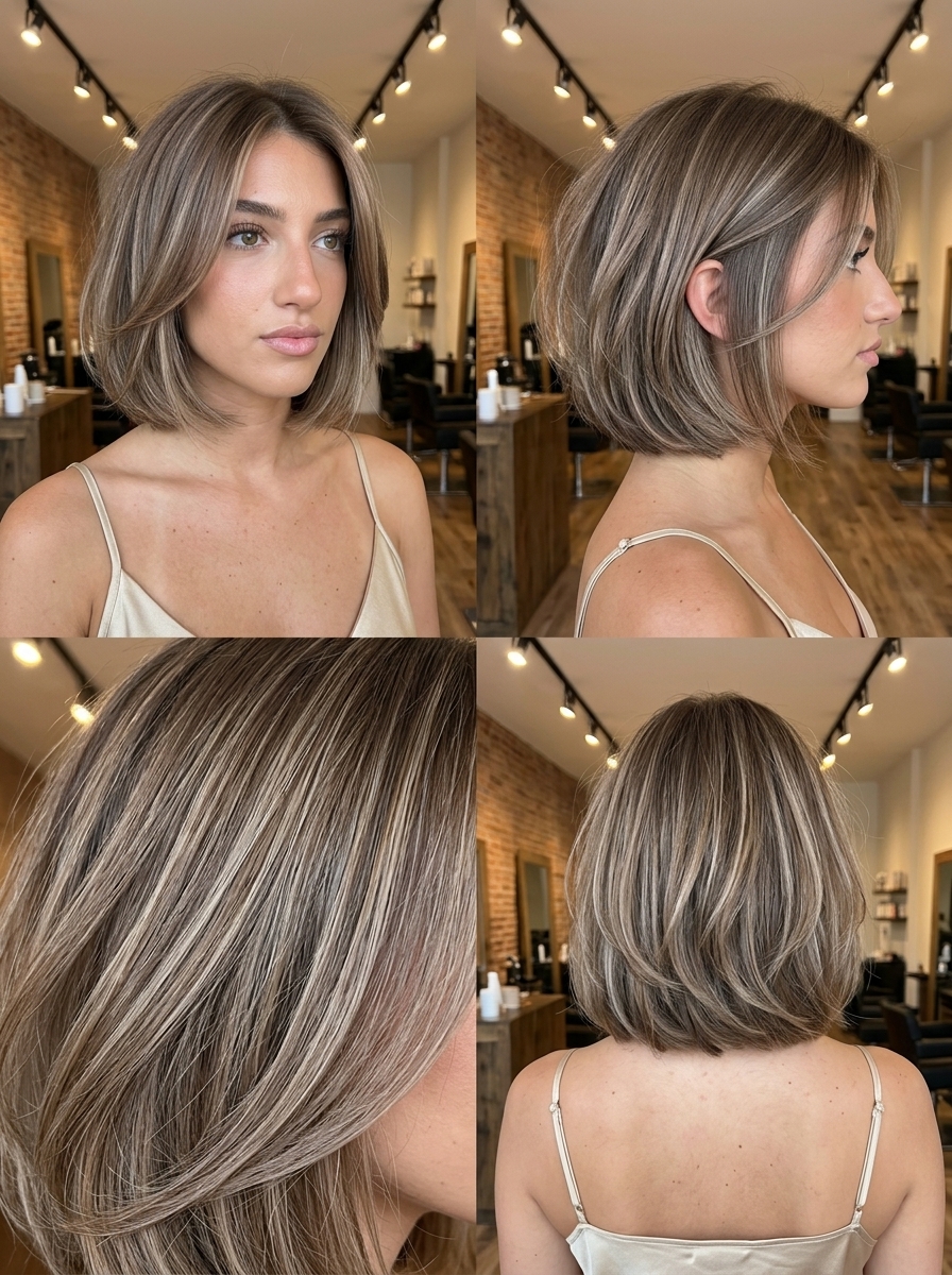 short italian bob haircut with mushroom balayage, cool light brown and diffused perimeter for tousled look