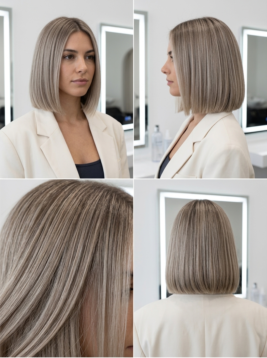 chin-length cool mushroom blonde blunt bob with ash lowlights for sleek professional look