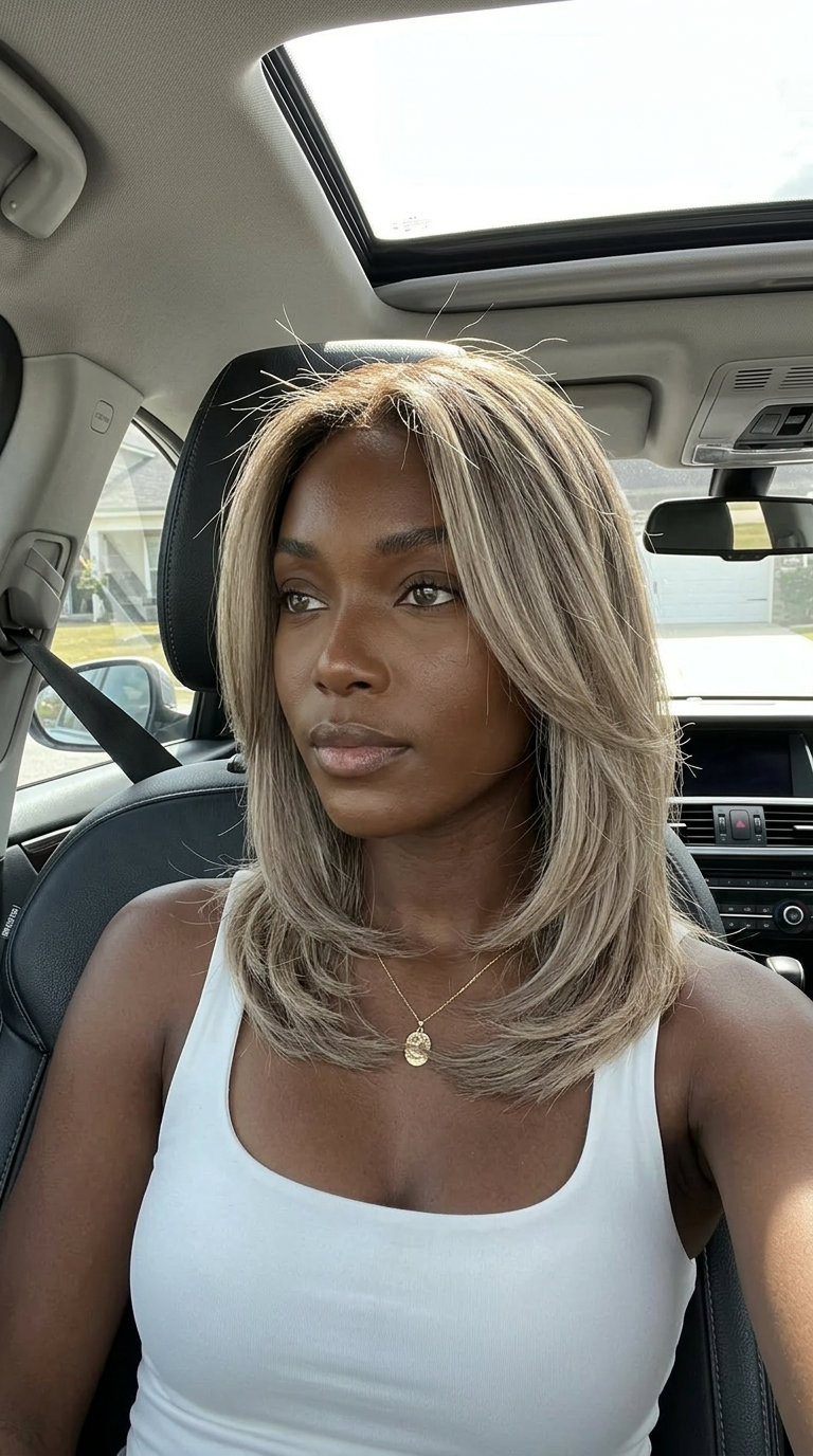 long mushroom blonde balayage with muted ash-beige and cool brown root, babylights — sophisticated daily wear