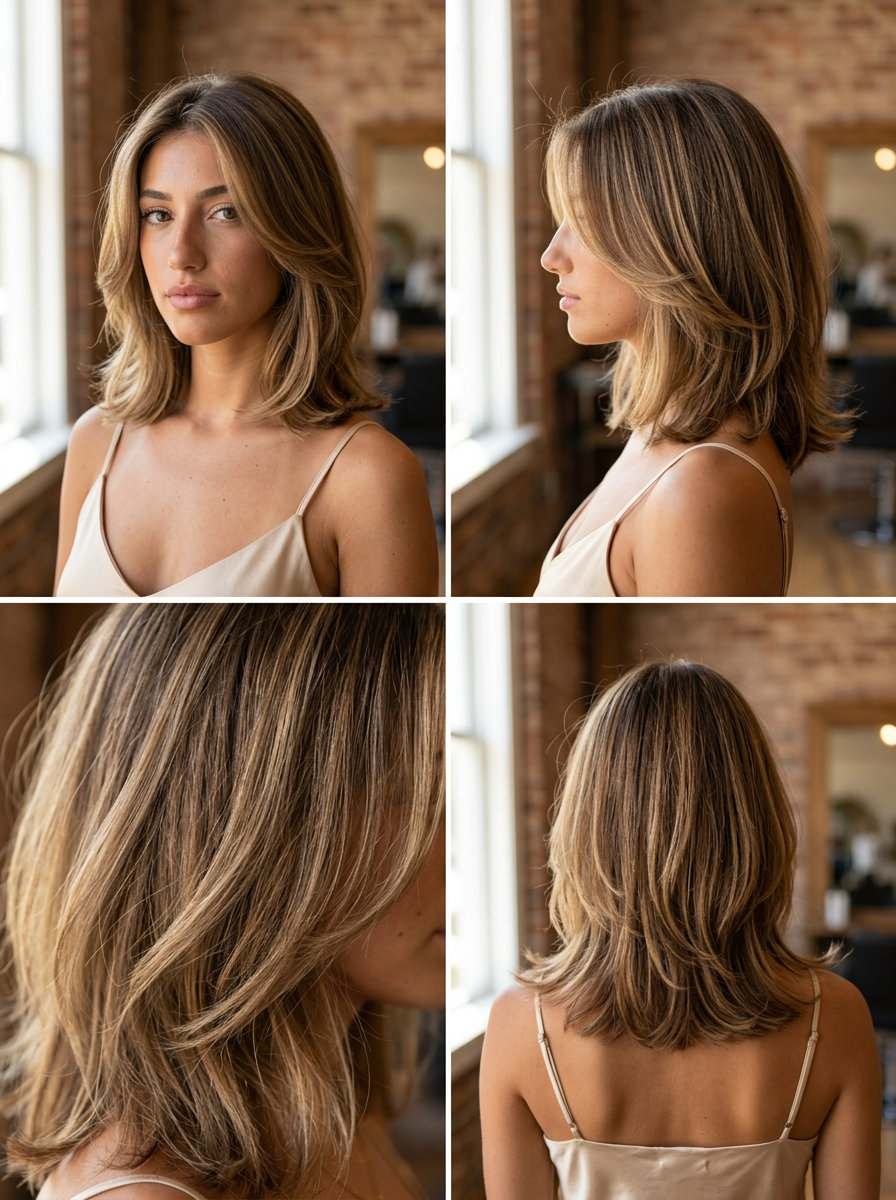 Coastal Bronde Butterfly Bob 2026 collarbone-length butterfly bob in mushroom bronde with golden babylights, graduated layered cut, jawline face-framing for beach day