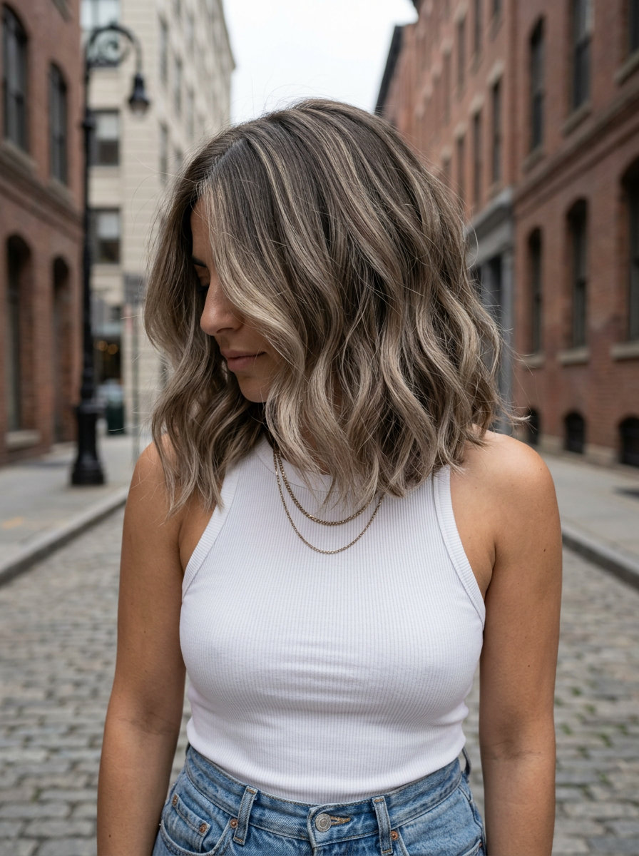 Mushroom Bronde Lob: Effortless Summer Hair 2026 collarbone-length lob haircut with earthy mushroom bronde, balayage highlights, and face-framing pieces β effortless chic