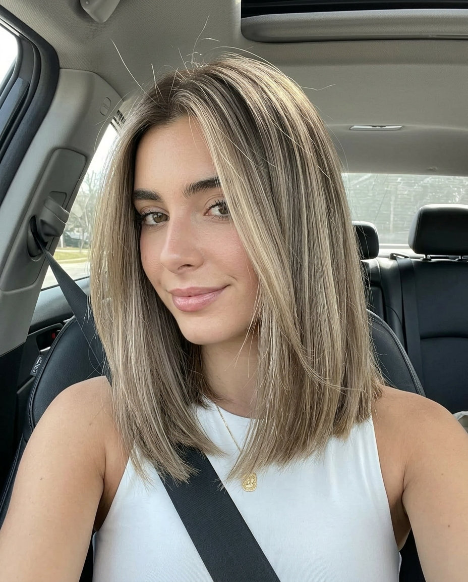 collarbone-length lob haircut with mushroom bronde, blunt perimeter and deep side part for work