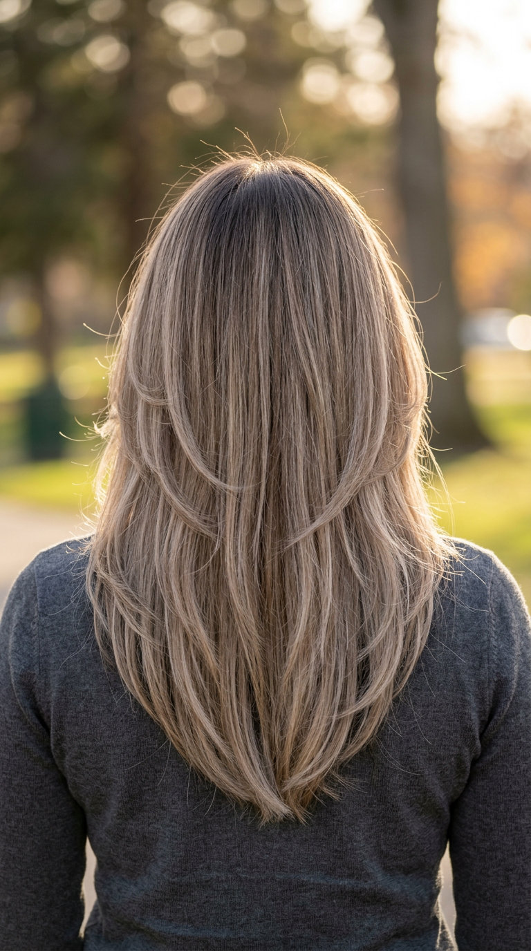 Airy Mushroom Bronde Butterfly 2026 long butterfly haircut in mushroom bronde with ash brown root, airy layered cut, jawline face-framing for daily wear