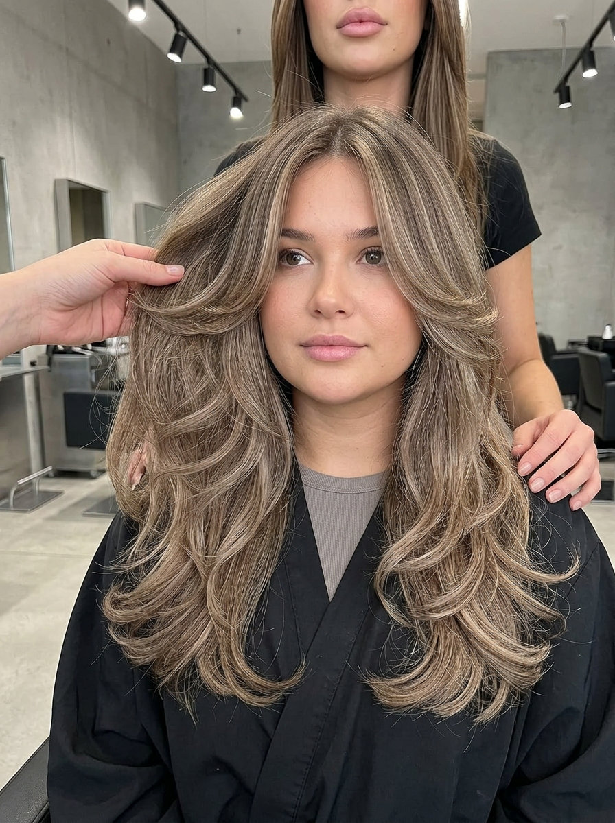 long butterfly haircut in Mushroom Bronde with beige highlights, face-framing layers, soft U-shape back — romantic summer style