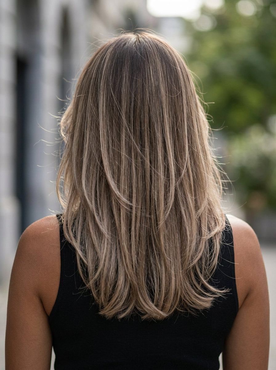 medium-length haircut in Mushroom Bronde with beige highlights, wispy Birkin fringe, soft layers — playful summer style