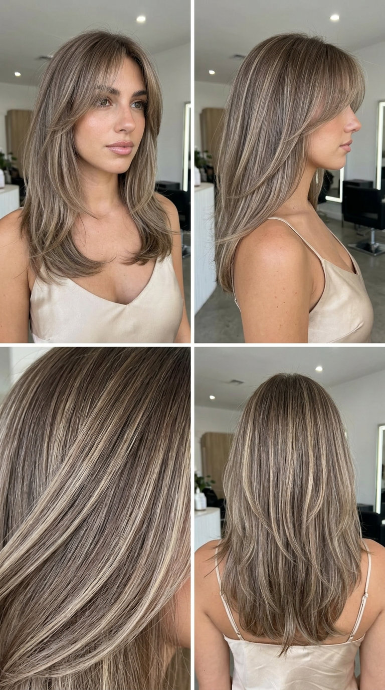 Mushroom Bronde Kitty Cut with Wispy Bangs 2026 medium mushroom bronde kitty cut with wispy bangs and ash brown to blonde ombrΓ© for summer