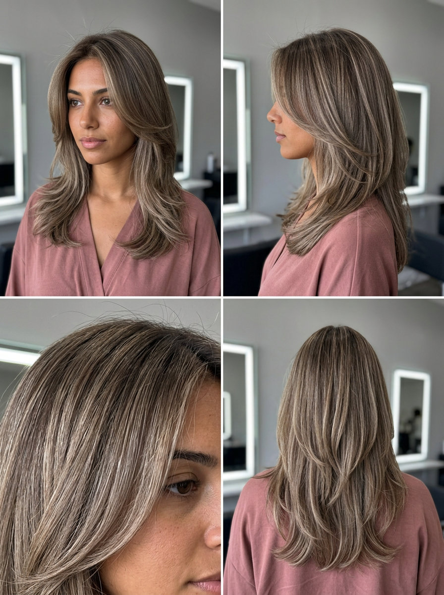 Sun-Dappled Brunette Breeze Cut 2026 medium-long butterfly haircut in mushroom bronde with taupe babylights, internally layered cut, cheekbone face-framing for daily wear