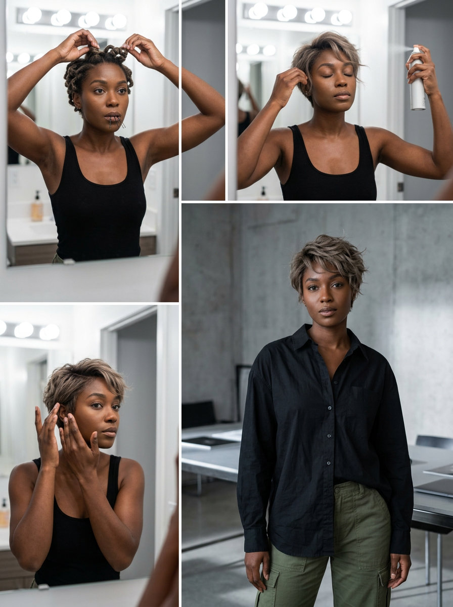 Mushroom Bronde Textured Pixie 2026 short textured pixie haircut with mushroom bronde color, ash undertones, wispy fringe for minimalist style
