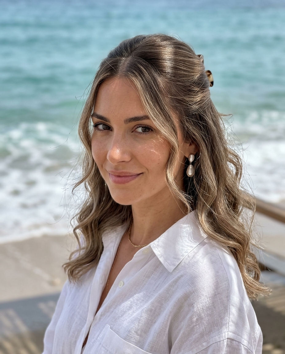 shoulder-length mushroom bronde waves with beige highlights, half-up style, no fringe — chic professional look