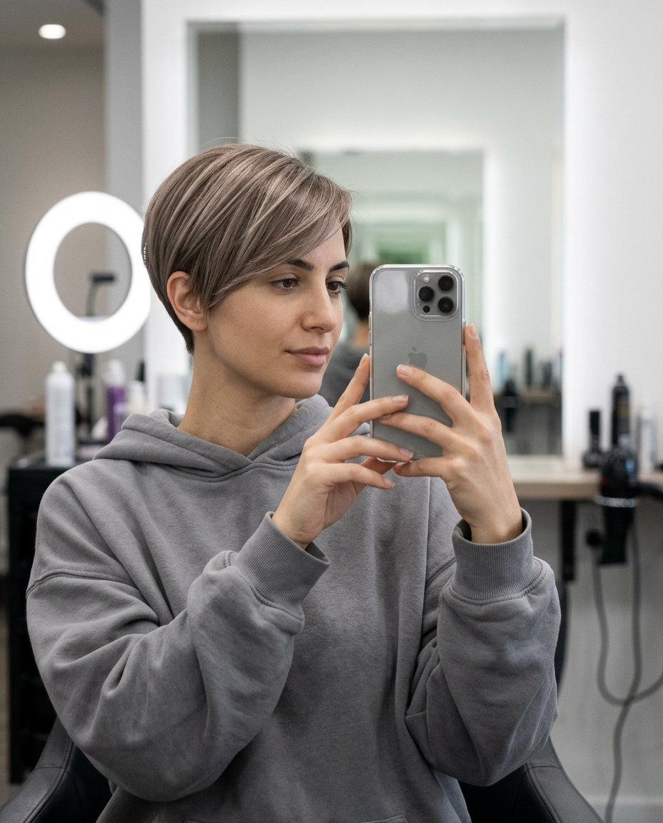 very short ear-length crop haircut with mushroom bronde color, cool beige highlights, side-swept fringe — minimalist clean summer