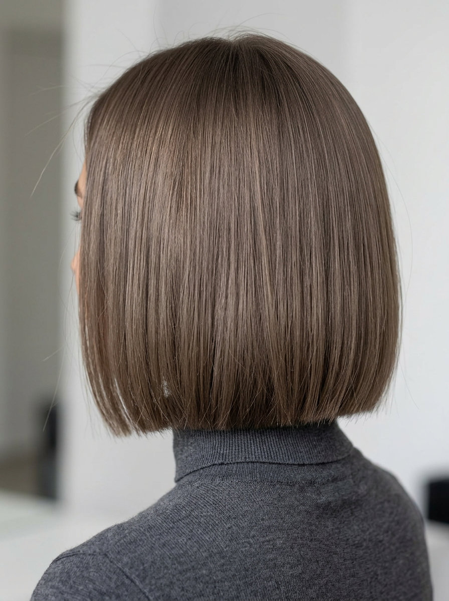 chin-length blunt bob muted mushroom brown with ash taupe, cool ash brown — chic summer style