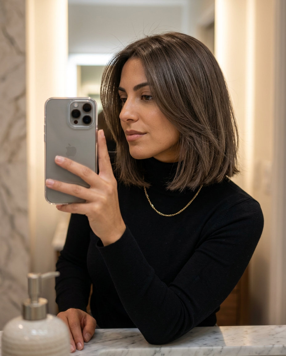 Cool Mushroom Brown Midi Haircut 2026 medium blunt haircut with cool mushroom brown & ash undertones, point-cut ends, no bangs β minimalist modern