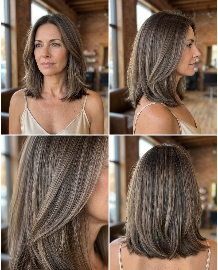 shoulder-length mushroom brown lob with ash highlights, subtle balayage, no fringe — chic