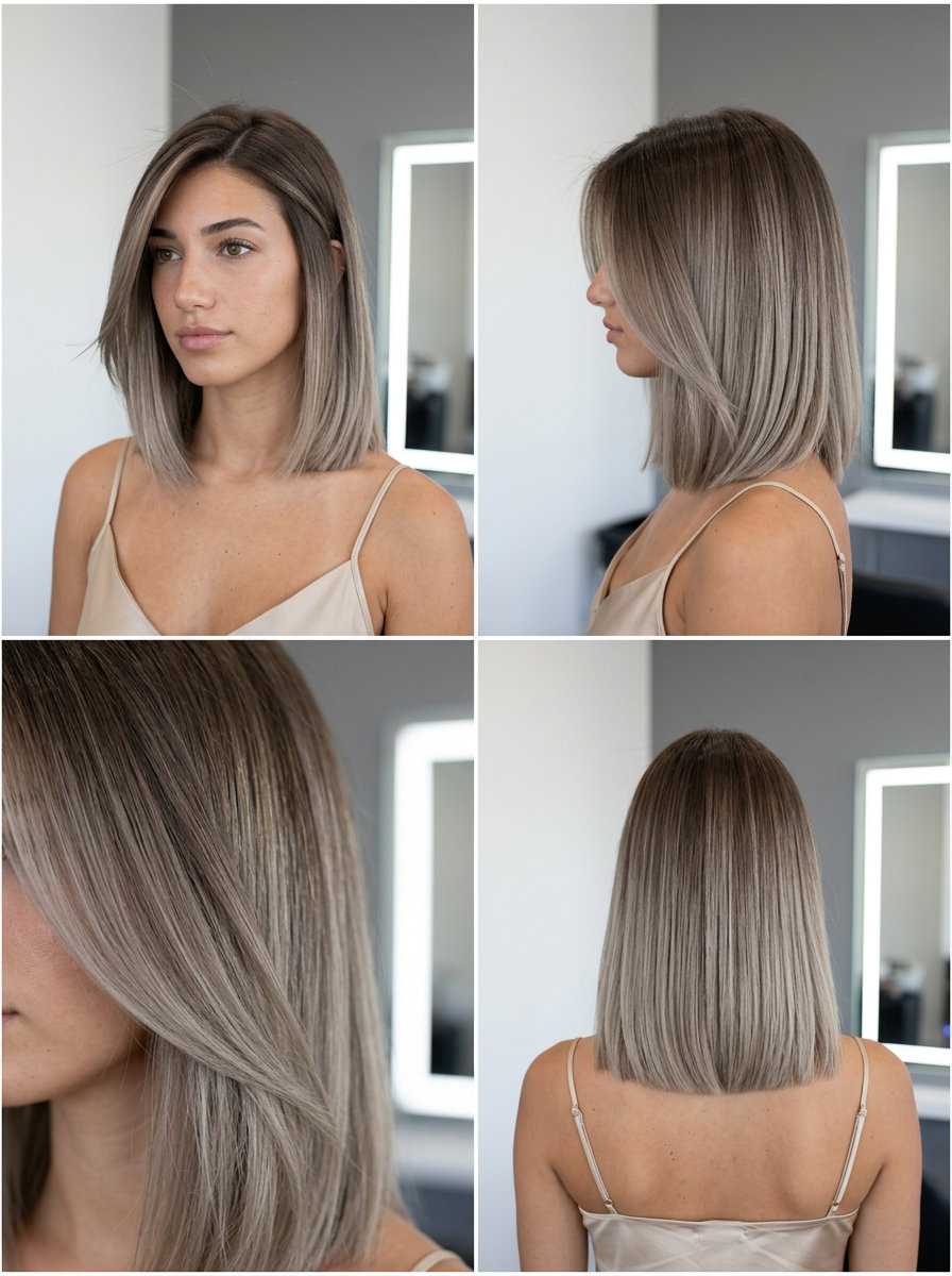 chin-length bob ombre with earthy brunette to greige blonde, precise cut and deep side part for chic look