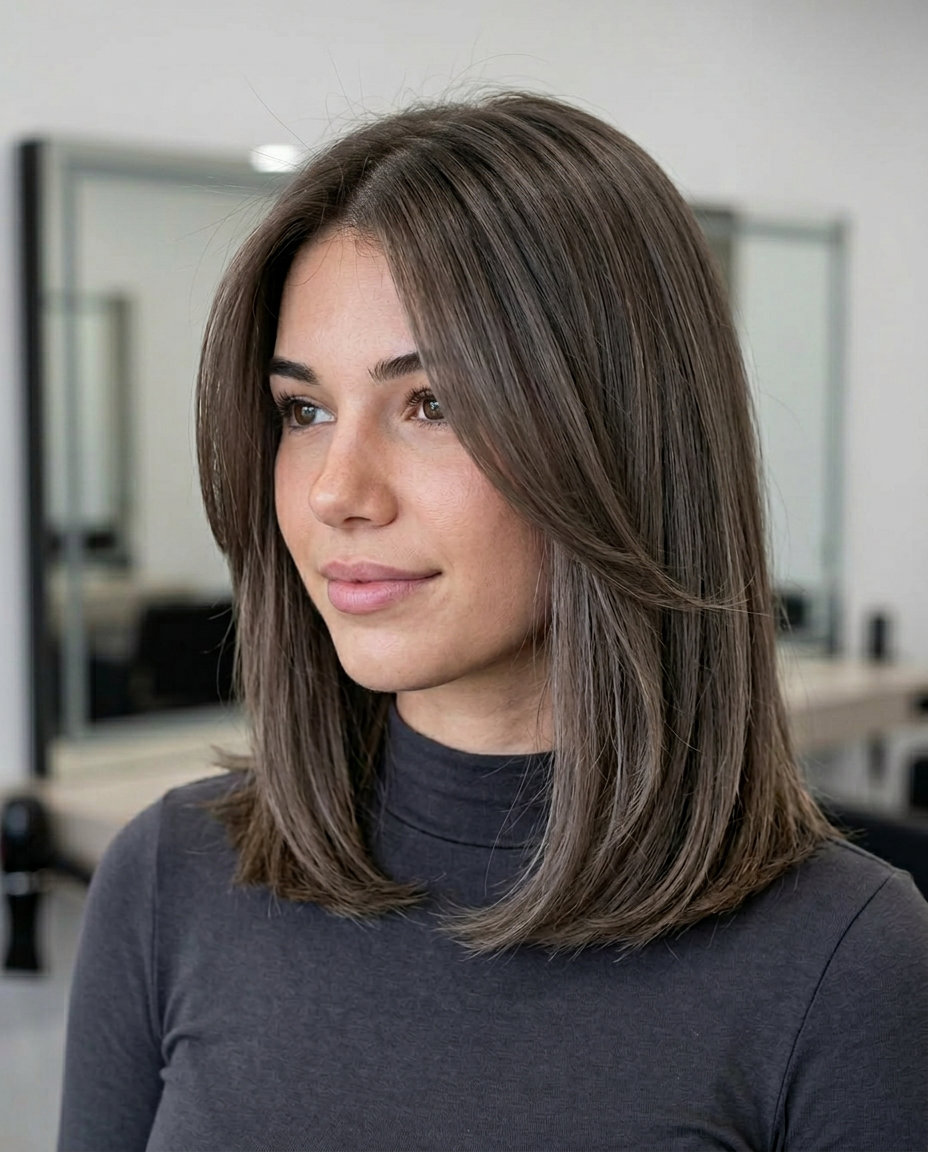 collarbone-length lob haircut with cool mushroom brown color, internal layers, face-framing pieces — sophisticated summer look