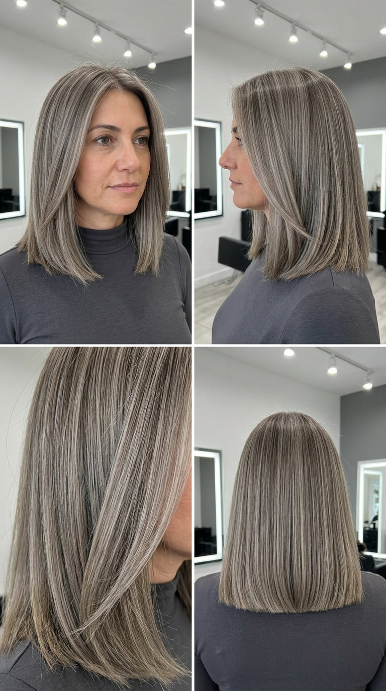 medium length lob haircut with mushroom greige highlights, blunt perimeter, side part — elegant summer