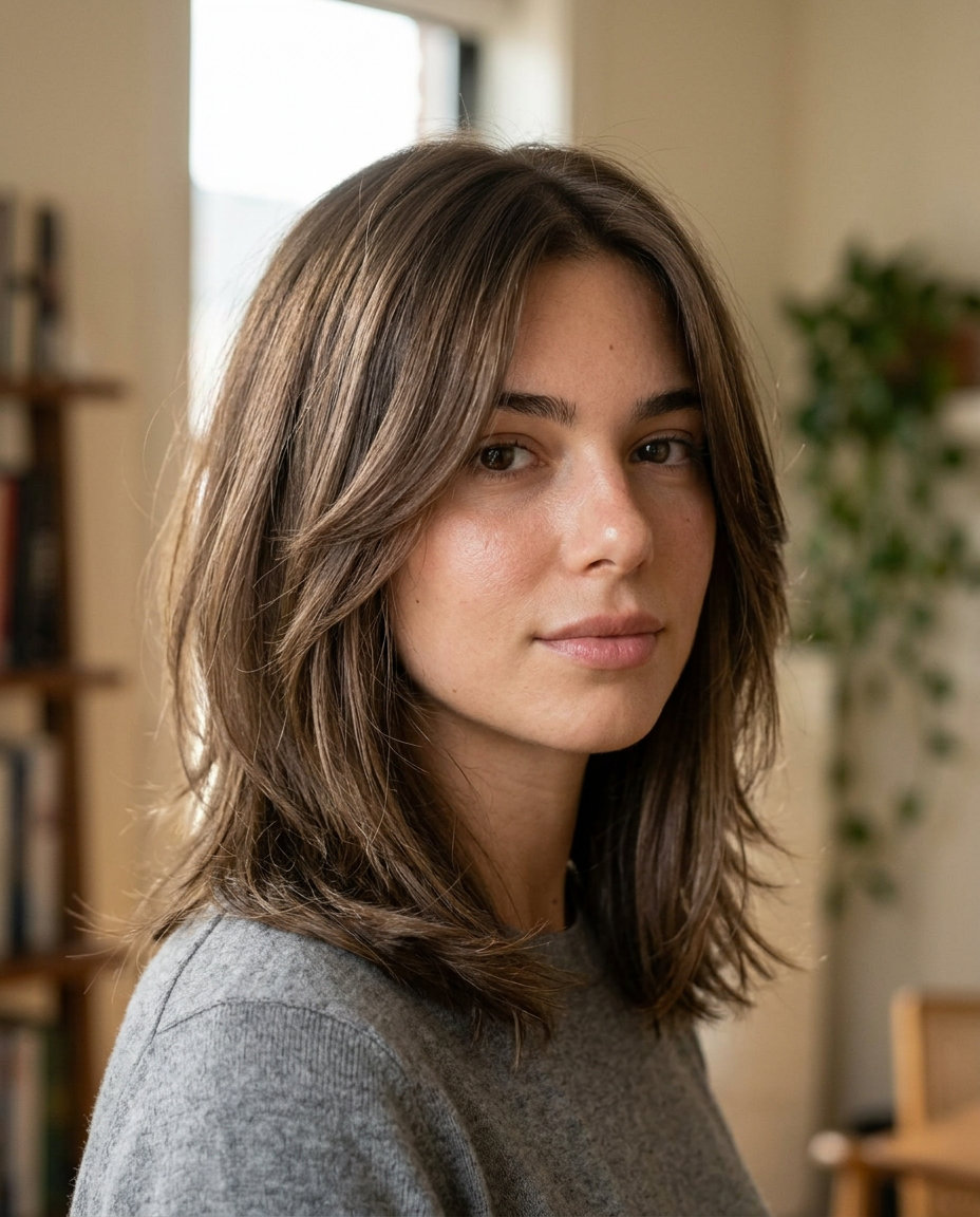 collarbone-length shag haircut in mushroom shimmer blonde with soft internal layers and curtain bangs for work