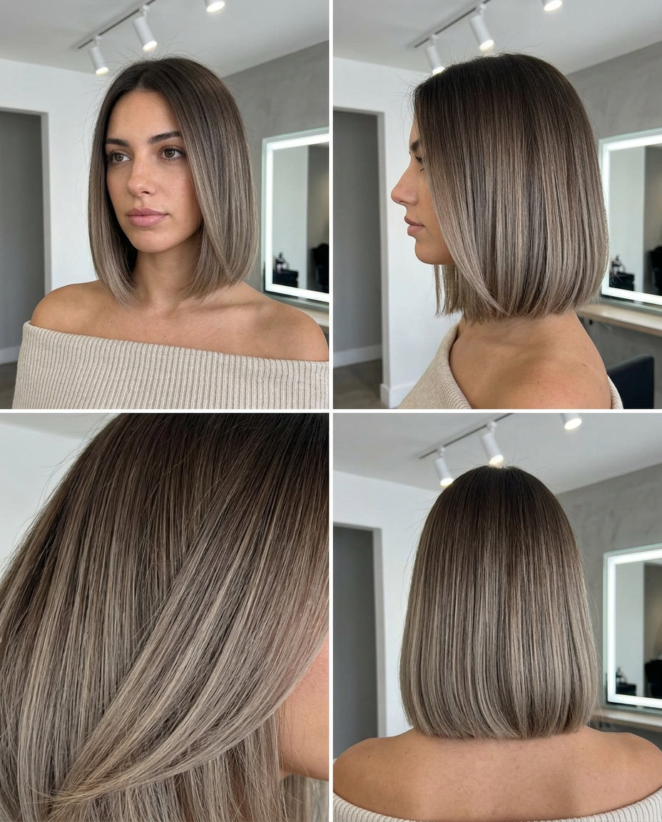 short bob ombre with mushroom brown to greige blonde, blunt cut and deep side part for sleek look