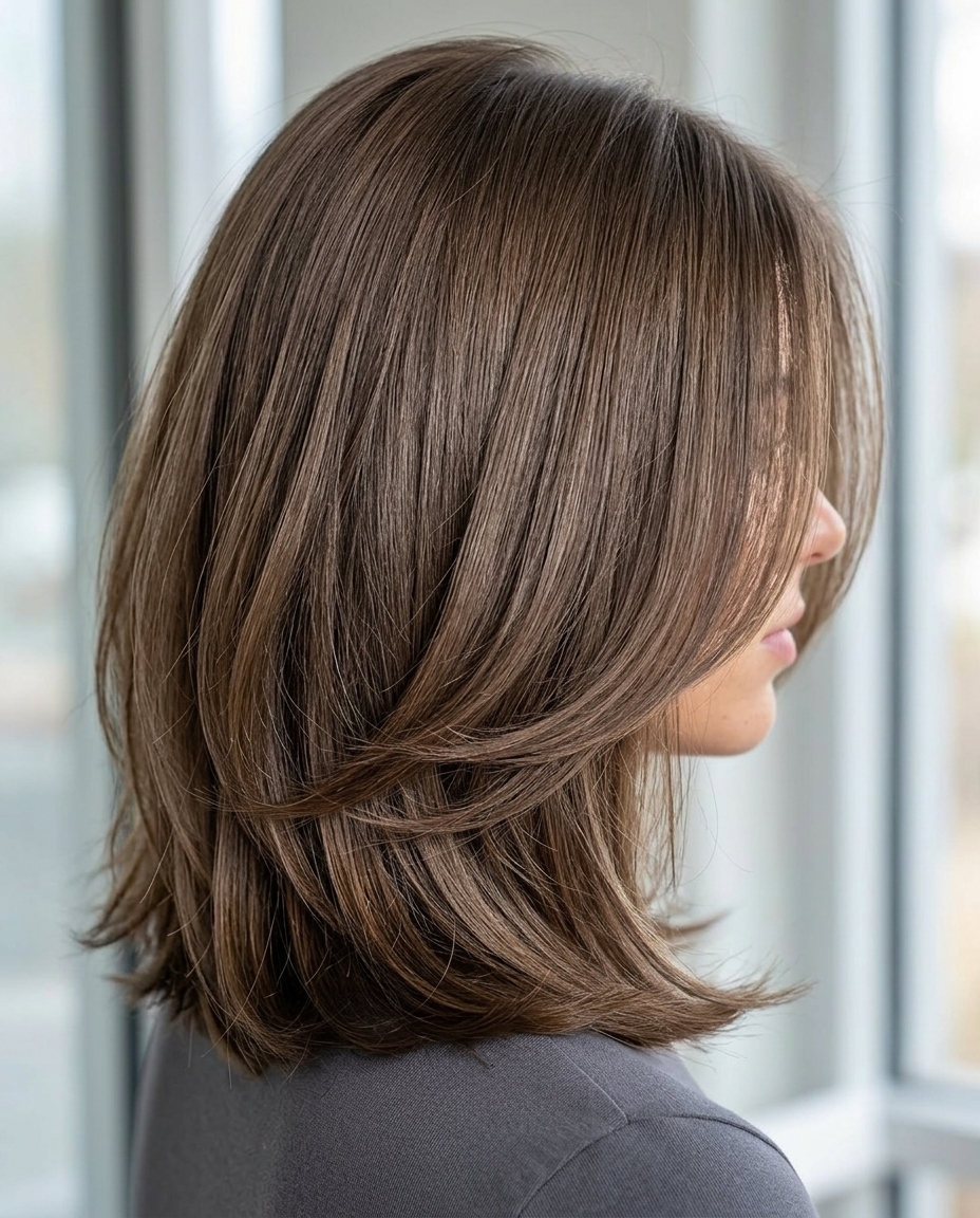 shoulder-length shag haircut in mushroom brown with beige babylights and curtain bangs