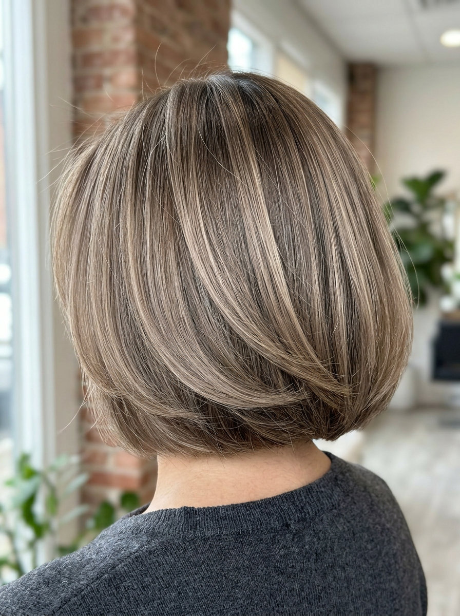 neck-length bob haircut in mushroom silk with beige babylights for voluminous look