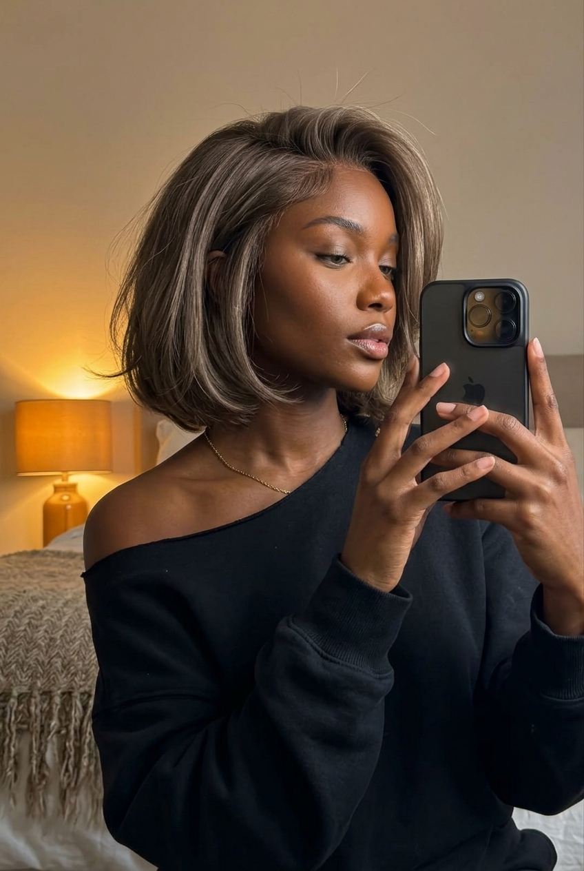 chin-length mushroom taupe bob haircut with ghost layers and tousled texture for vacation