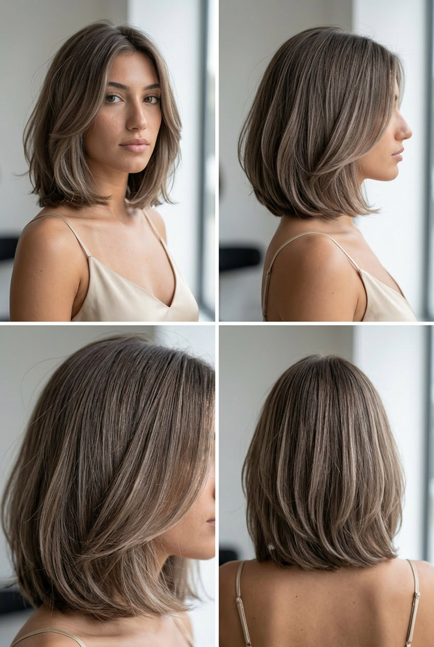 neck-length mushroom taupe bob haircut with subtle layers and face-framing for professional