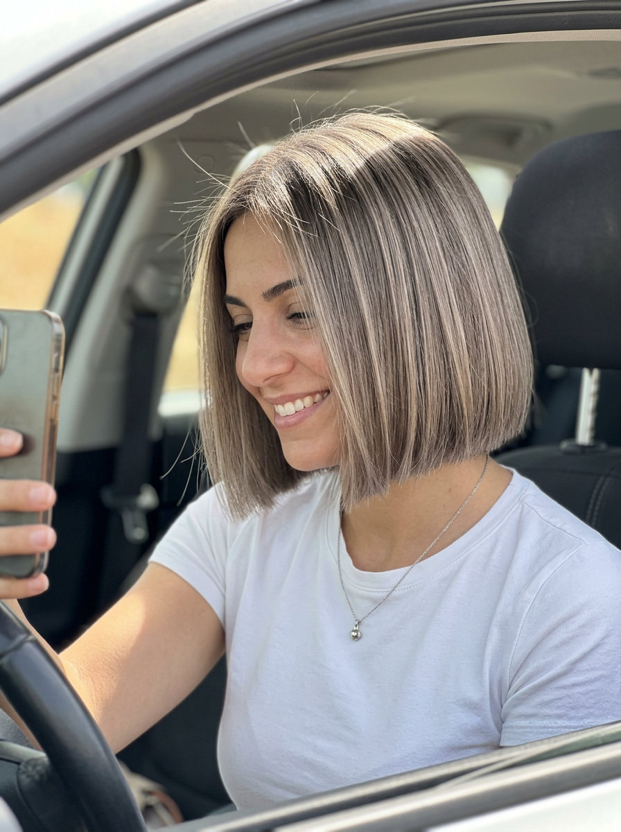 Mushroom Taupe Blunt Bob 2026 short blunt bob haircut with mushroom taupe, ash lowlights, beige highlights β sophisticated professional look
