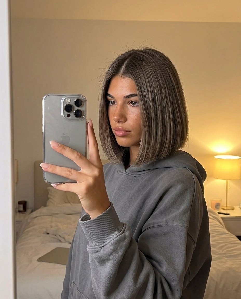 Mushroom Taupe Bob 2026 short blunt bob haircut with mushroom taupe, ash undertones, neutral root smudge, zero layers β minimalist chic style