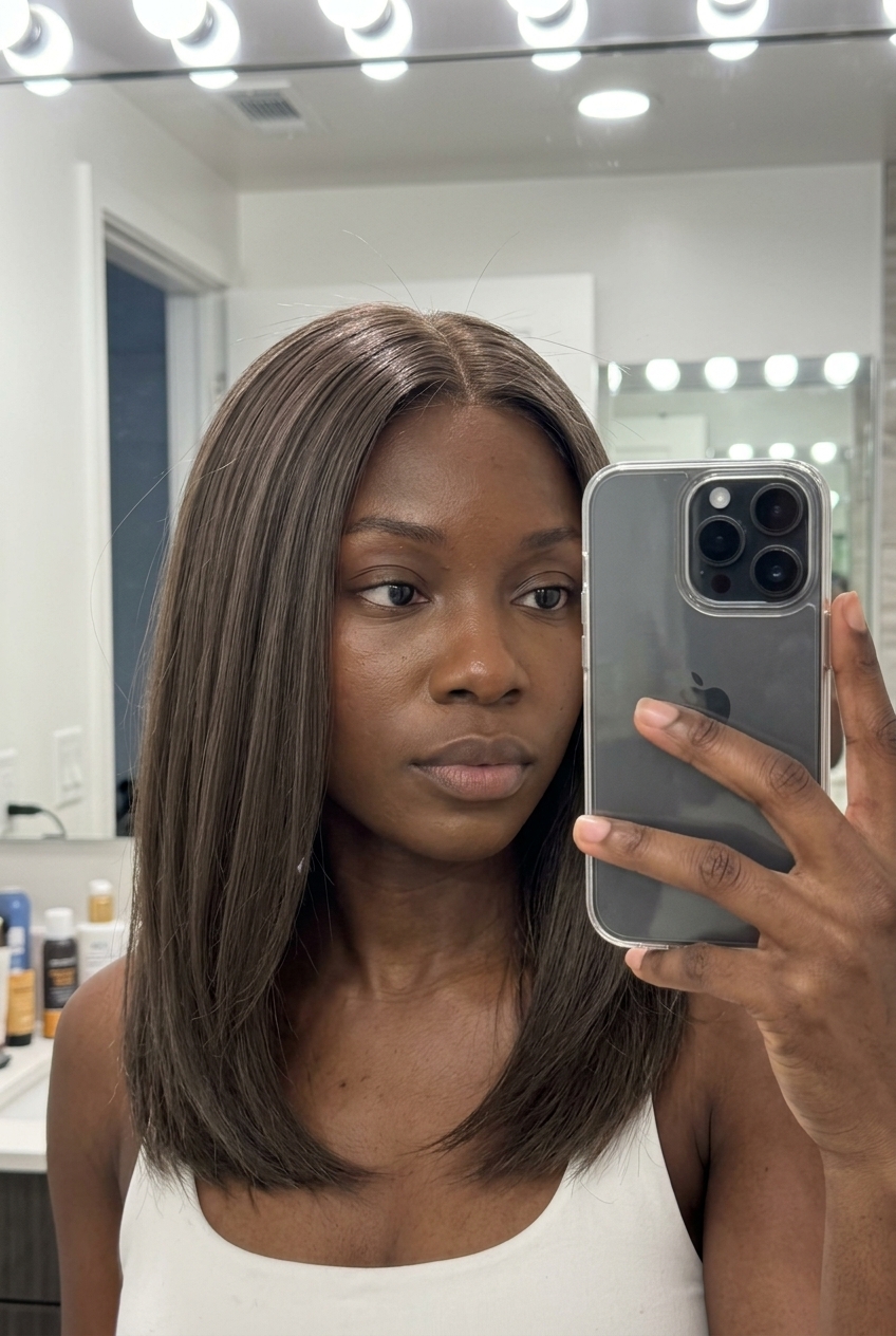 shoulder-length muted ash brown solid with no fringe for professional setting