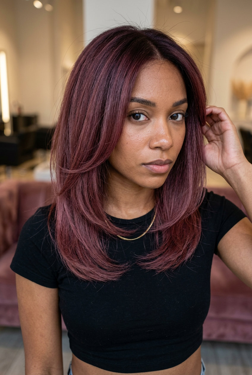 long muted berry wine shadow root with deep burgundy and muted plum, soft blend — romantic dinner look