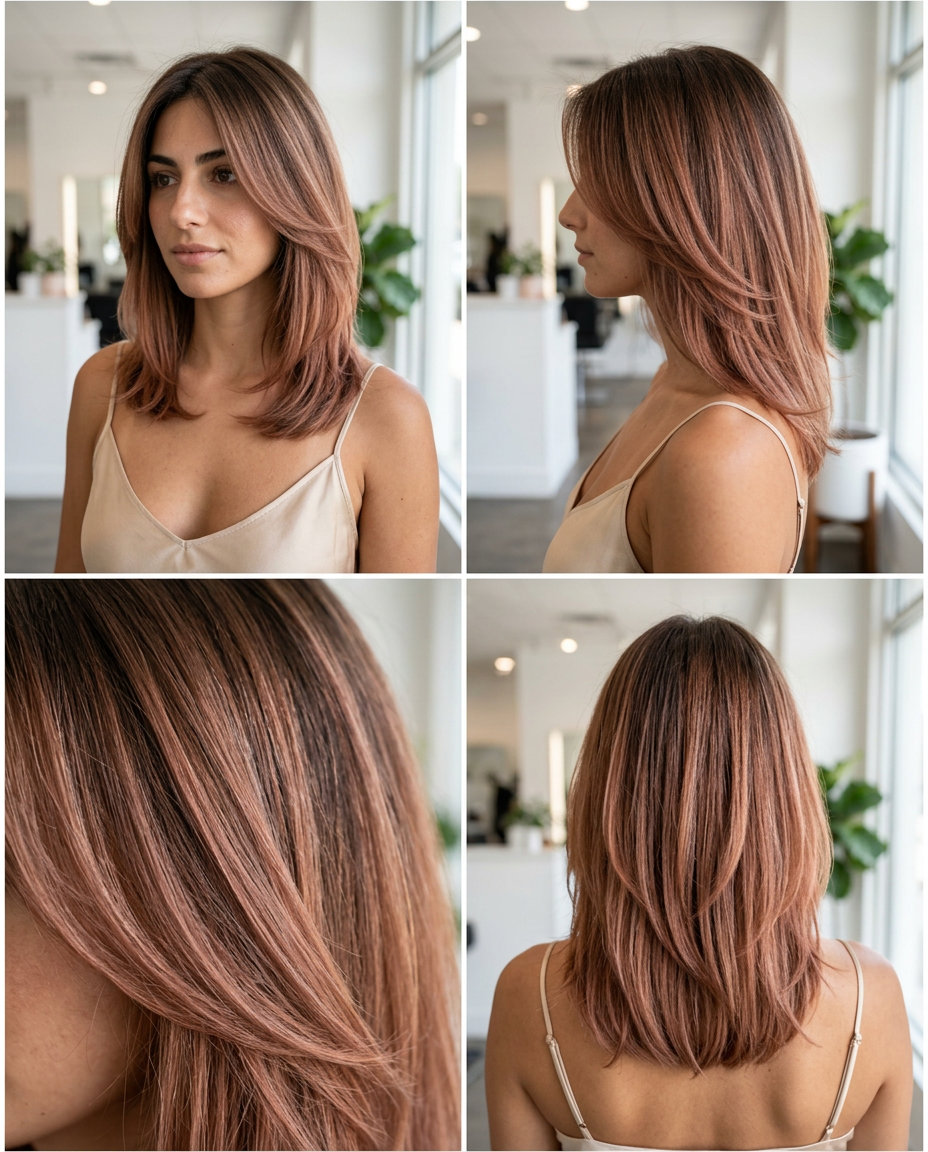 long invisible layered muted copper balayage with beige-red, natural root for professional chic