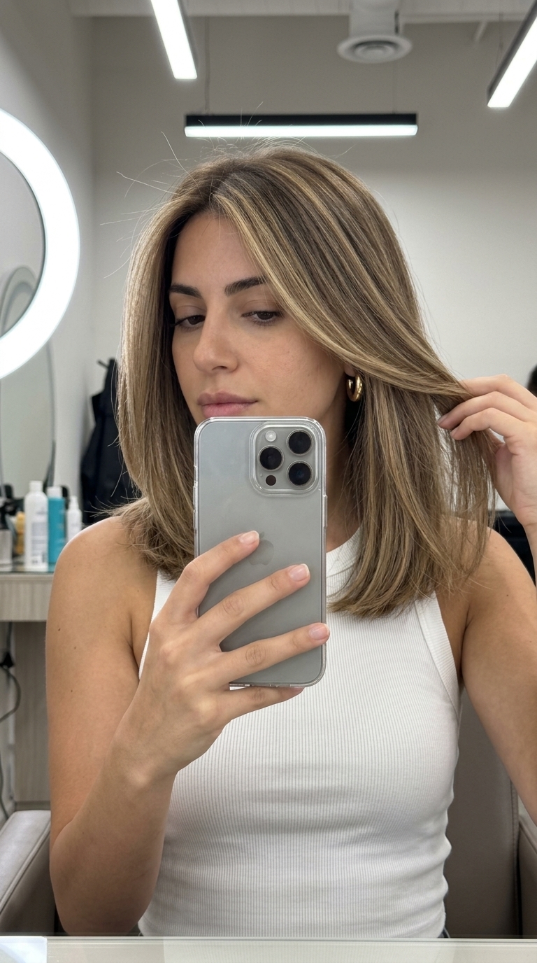long layered honey blonde scattered highlights with muted gold beige tones, fine micro-foiling — effortless casual outing