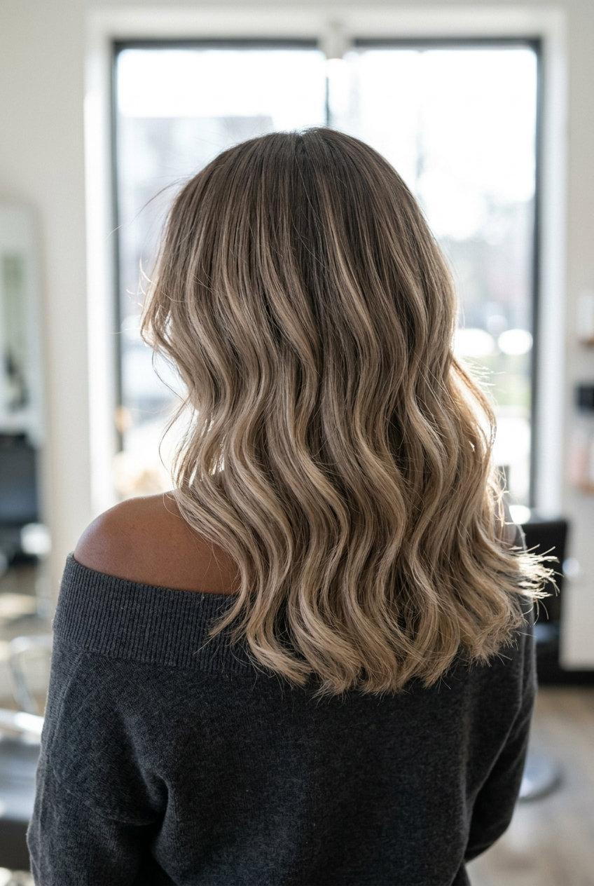 long muted mushroom bronde balayage with beige-blonde highlights, micro-fine balayage for soft, minimalist look