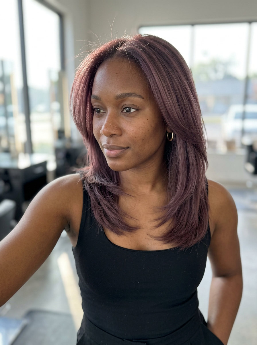 blunt cut muted plum haze all-over with cool violet undertones, solid color for edgy, sophisticated look