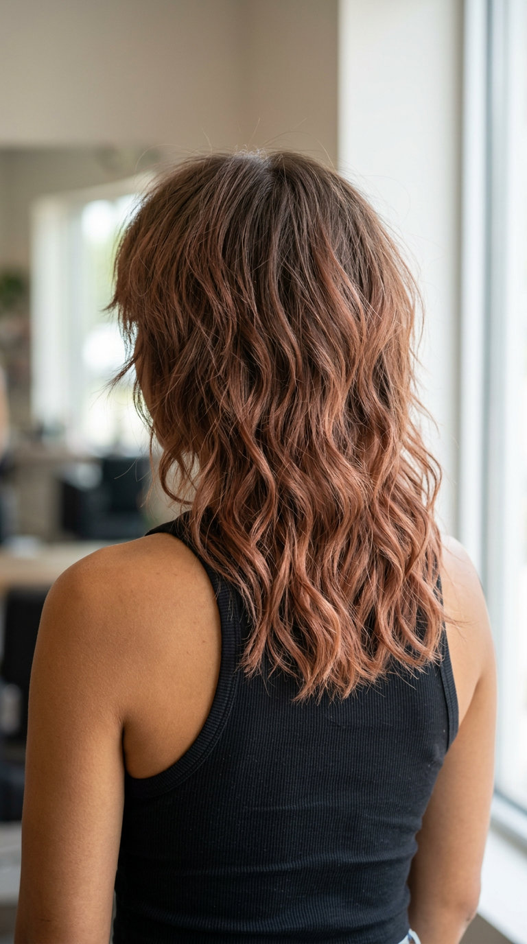 long shag haircut with muted terracotta balayage and wispy bangs for summer
