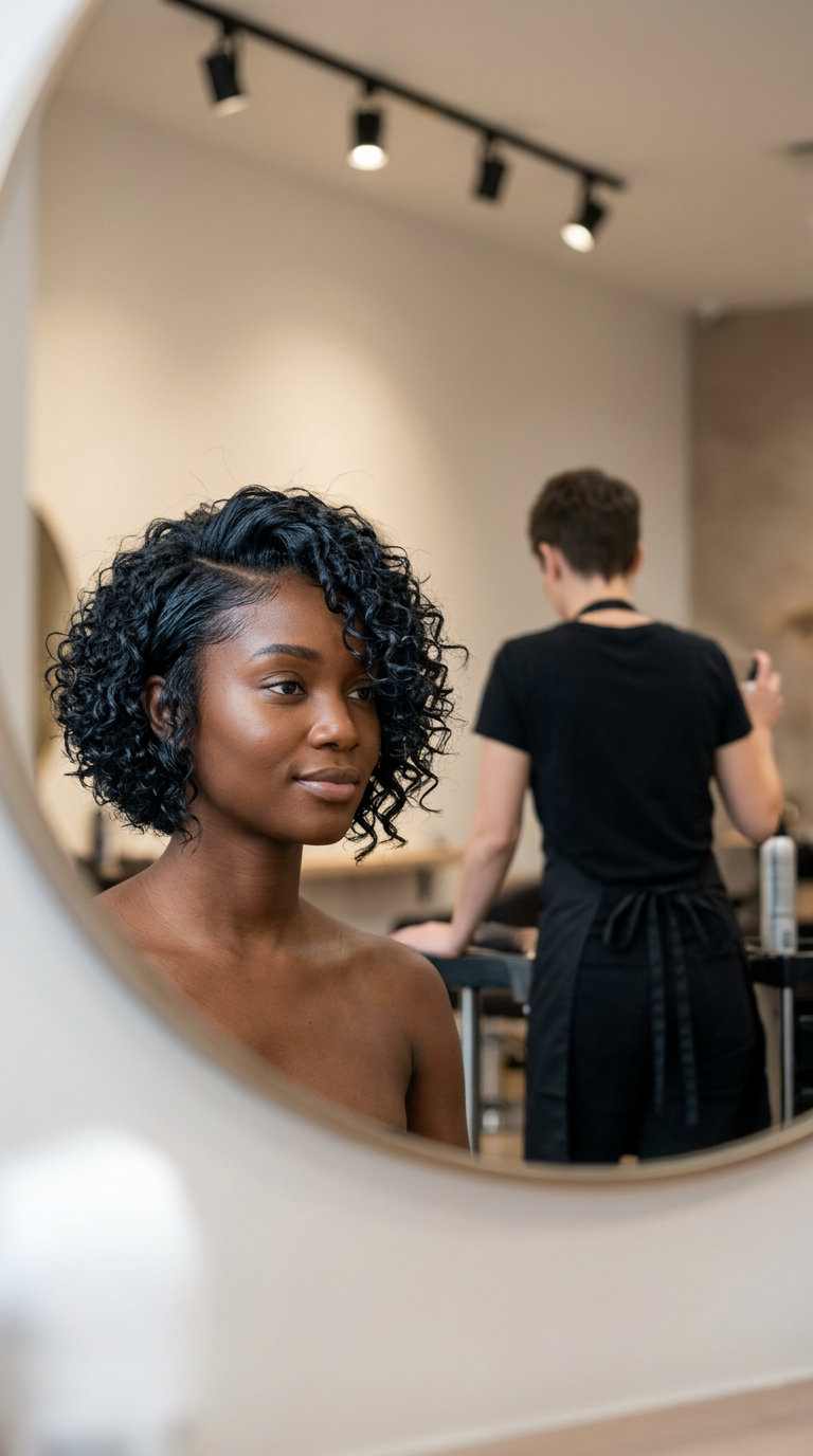 Edgy Textured Curly Bob: Blue-Black Sheen 2026 chin-length curly bob haircut with natural black color, blue sheen, and razored texture for edgy looks