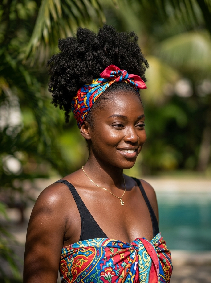 Pineapple Puff with Scarf 2026 short natural pineapple puff with vibrant scarf, defined curls, no fringe β playful casual
