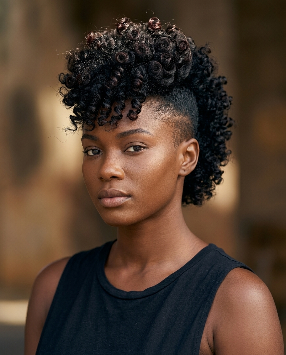 Sculpted Curly Mohawk: Edgy Summer Haircut 2026 very short curly mohawk haircut with natural black color, clipper faded sides, and sculpted volume for music festivals
