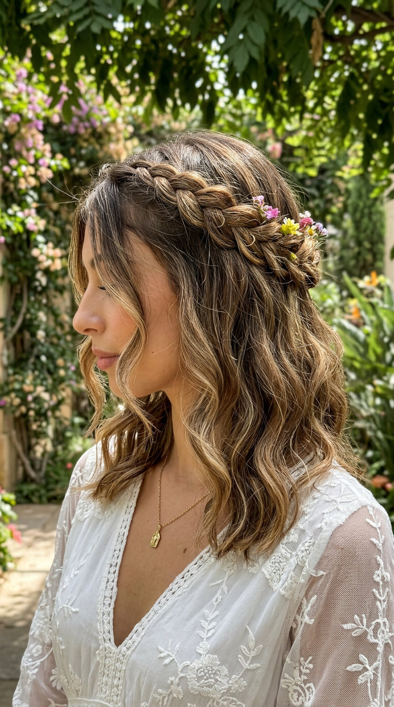 long wavy hairstyle with natural brown, braided crown with wildflowers for festival