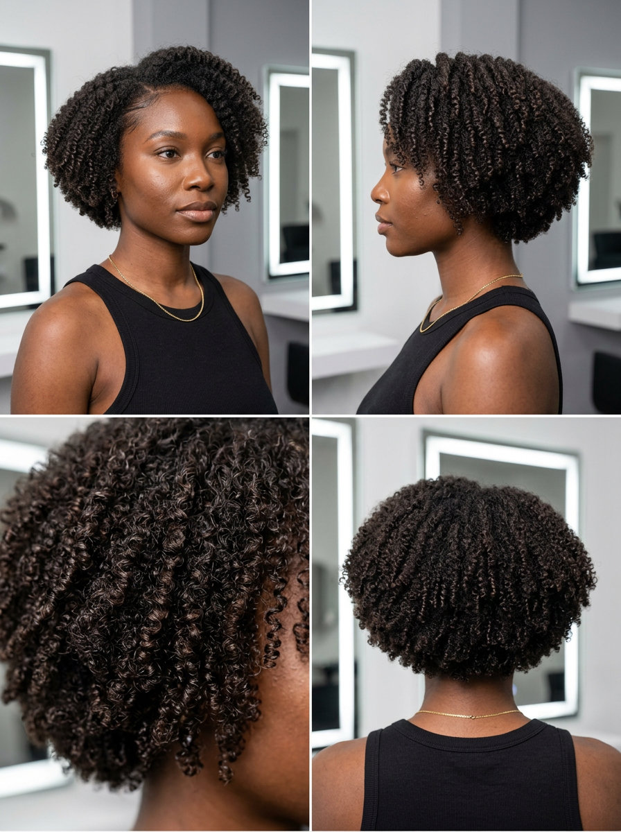 Voluminous French Bob 2026: Natural Brown short french bob haircut with deep natural brown, high-shine gloss and tapered sides for coily texture