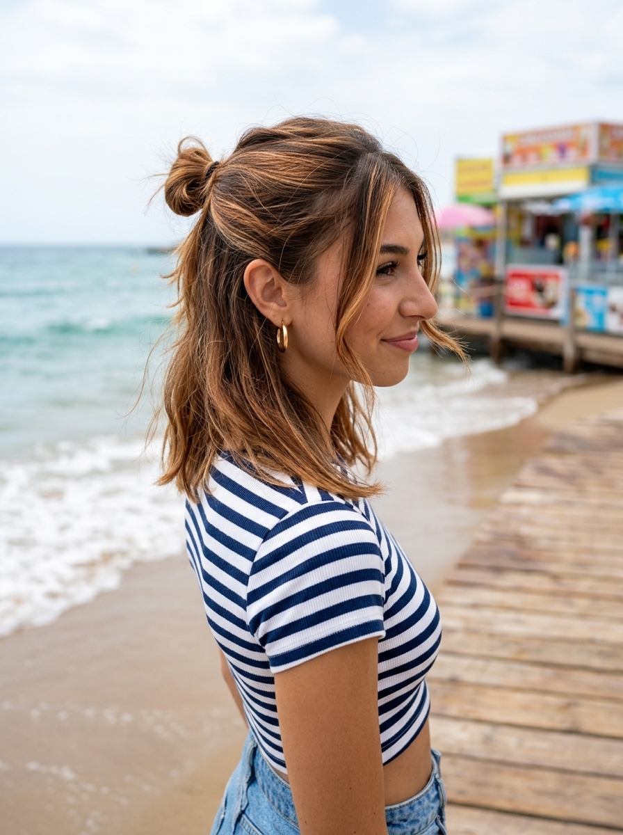 Playful Half-Up Knot 2026 long natural brunette playful half-up knot with texturizing spray, messy texture, no fringe β casual weekend outing