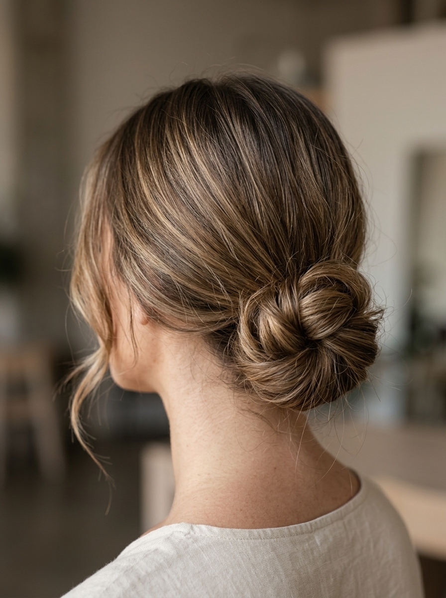 Undone Elegance Messy Bun 2026 long natural brunette messy bun hairstyle with relaxed shape and soft golden hues