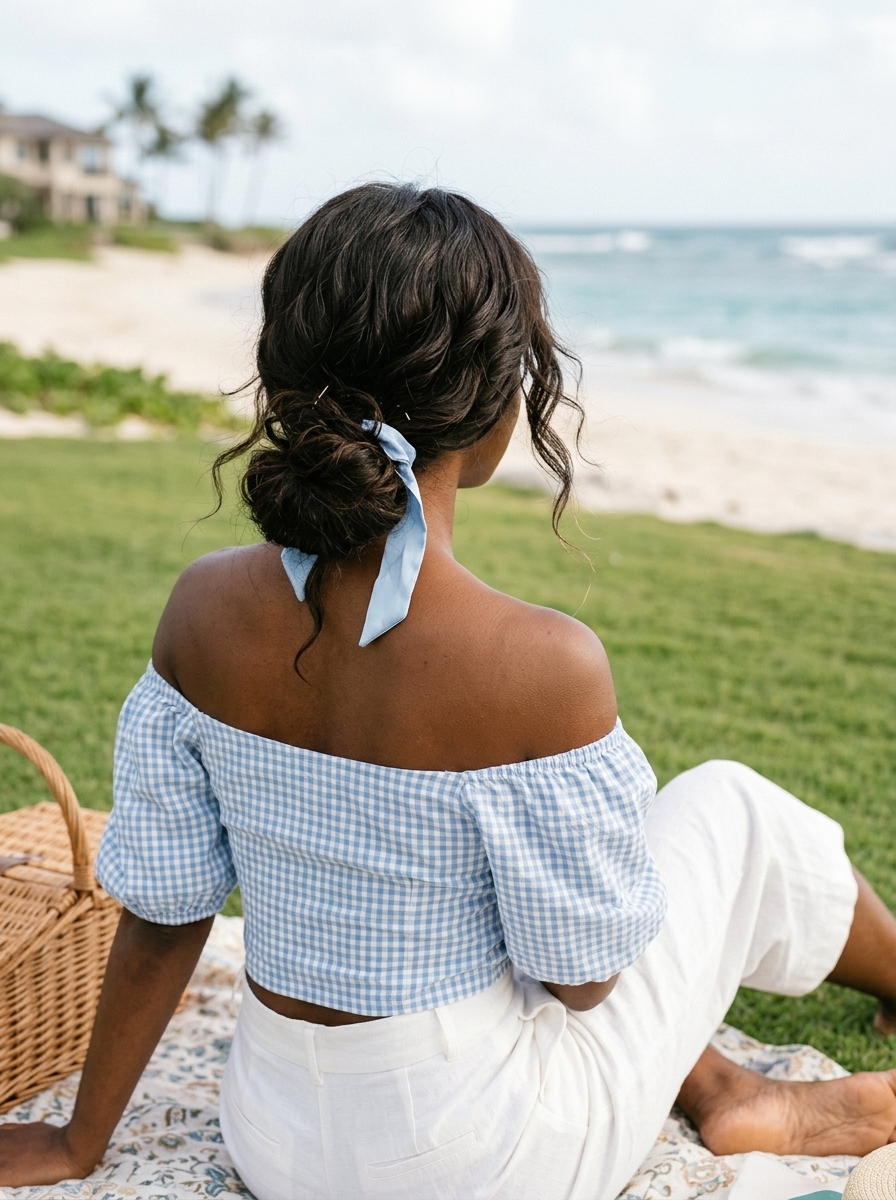 Picnic Perfect Messy Bun 2026 long natural brunette messy bun with honey blonde lowlights, soft and relaxed with ribbon for picnics