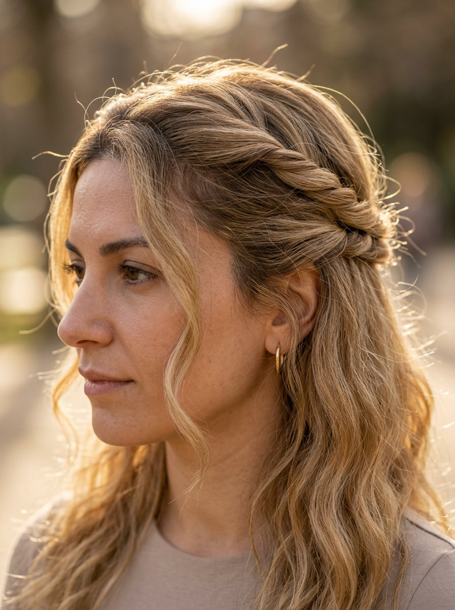 medium natural brunette Parisian half-up twist with loose strands, soft — daily