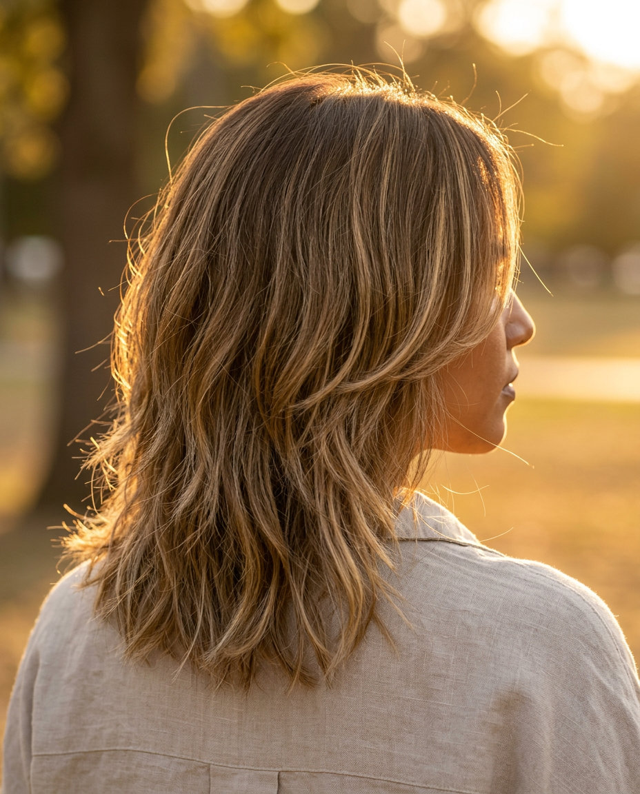 Tousled Texture Midi: Summer Haircut 2026 medium textured haircut in natural brunette with sandy balayage, point-cut layers, diffused face-framing β carefree bohemian look