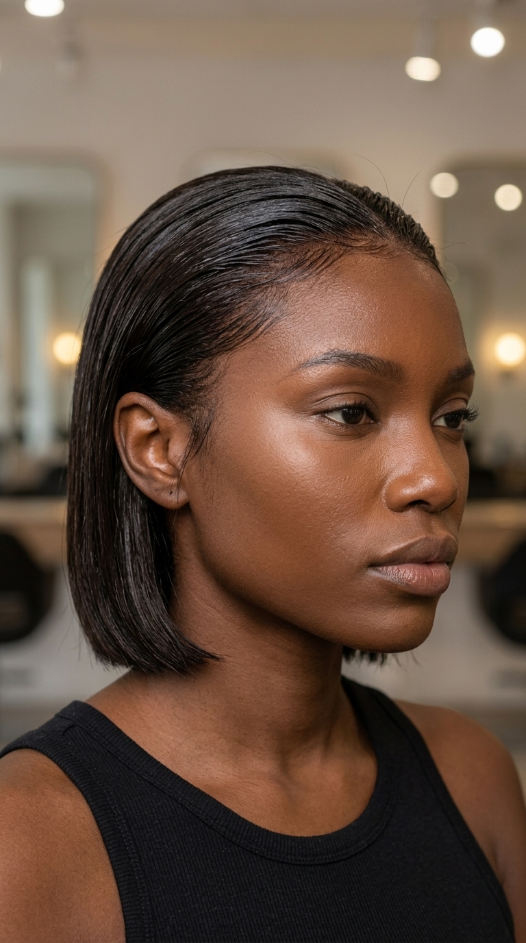 Gorgeous Summer French Bob 2026: The Wet French Bob short french bob haircut with natural color, high-gloss clear finish, and blunt perimeter — edgy modern look
