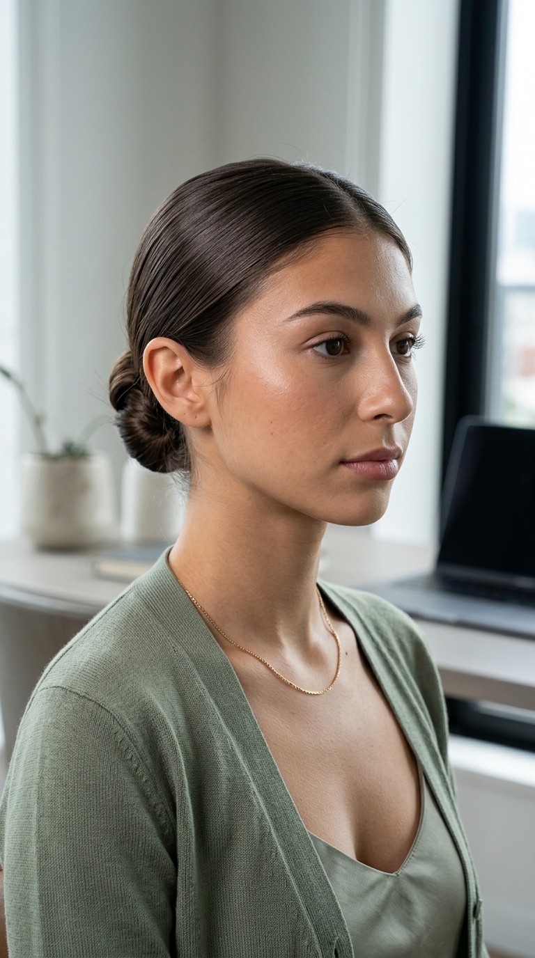 The Sculpted Summer Bun 2026 long subtly layered hair with natural espresso brunette color, sleek bun for daily office wear